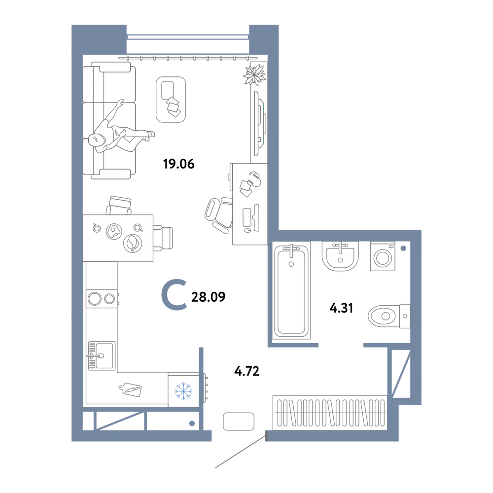 Планировка: Студия 28,09 м²