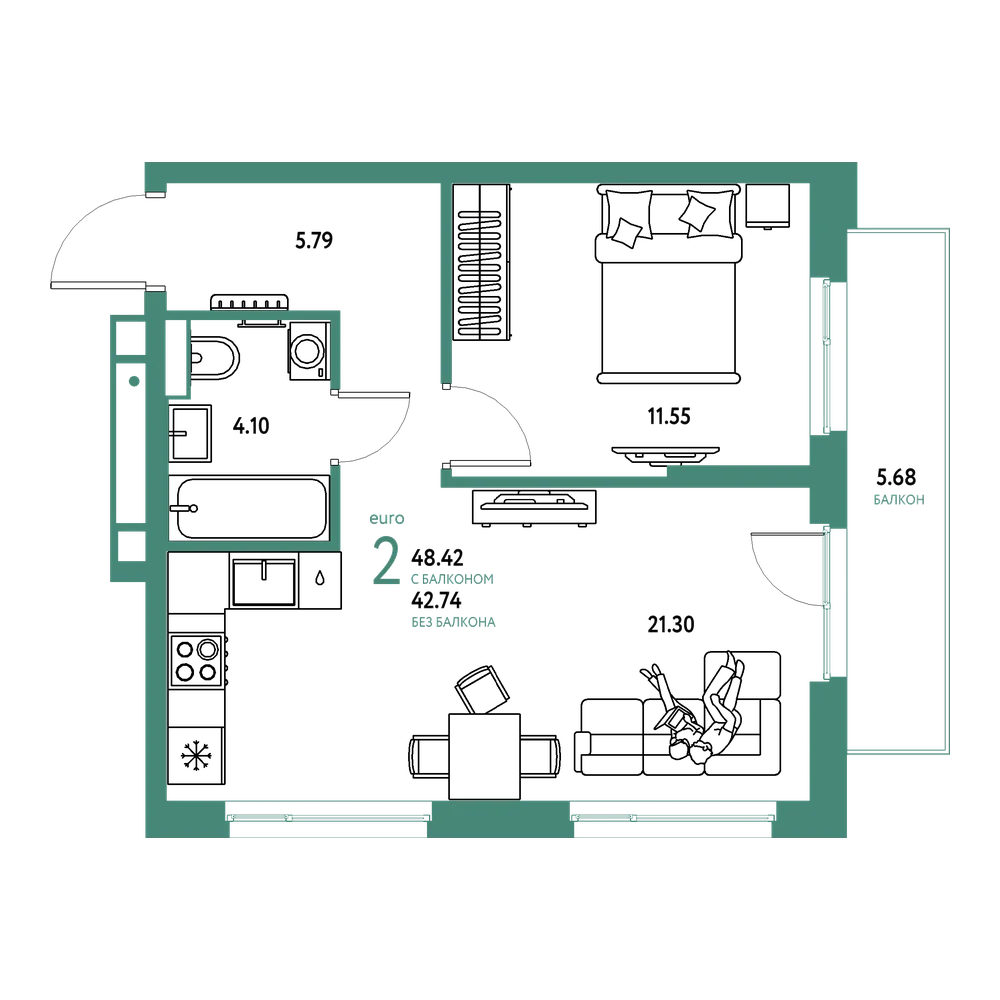 Планировка: Евродвушка 48,42 м²