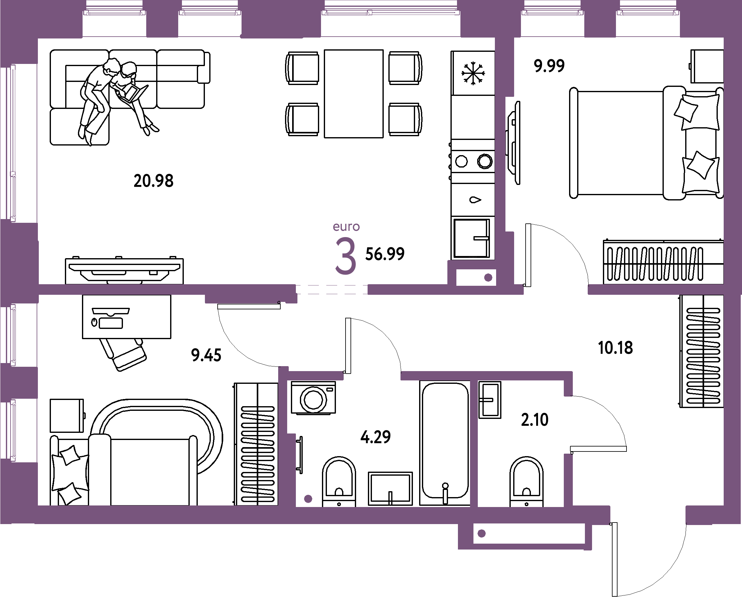 Планировка: Евротрёшка 56,99 м² в ЖК «Домашний»