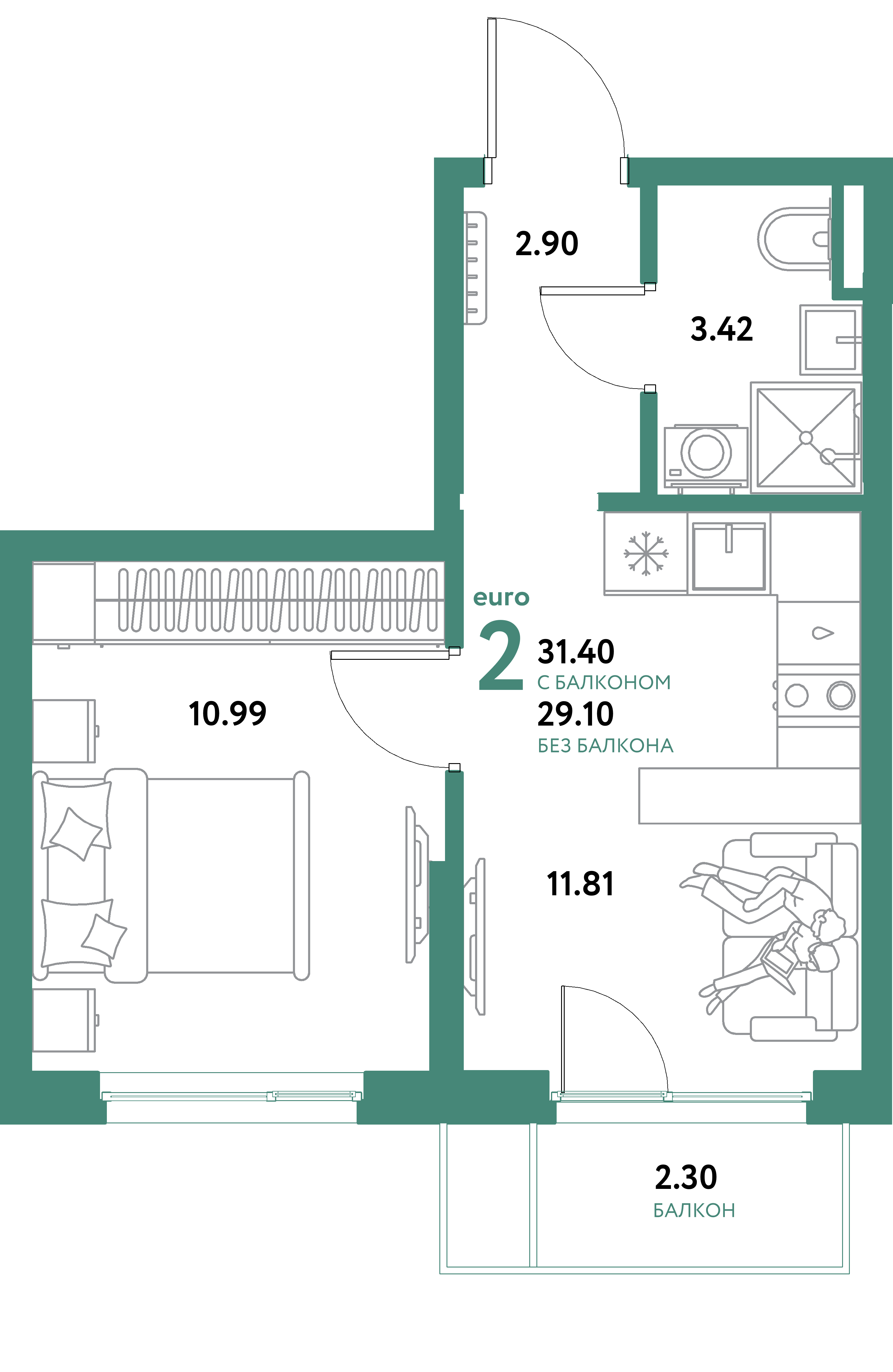 Планировка: Евродвушка 31,4 м² в ЖК «Остров-сад»