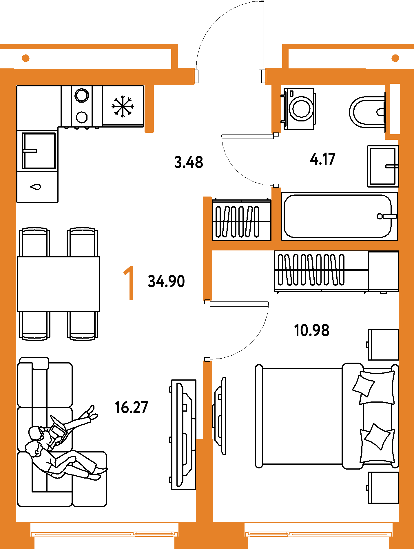 Планировка: 1-комнатная 34,9 м² в ЖК «Страна.Прибрежная»