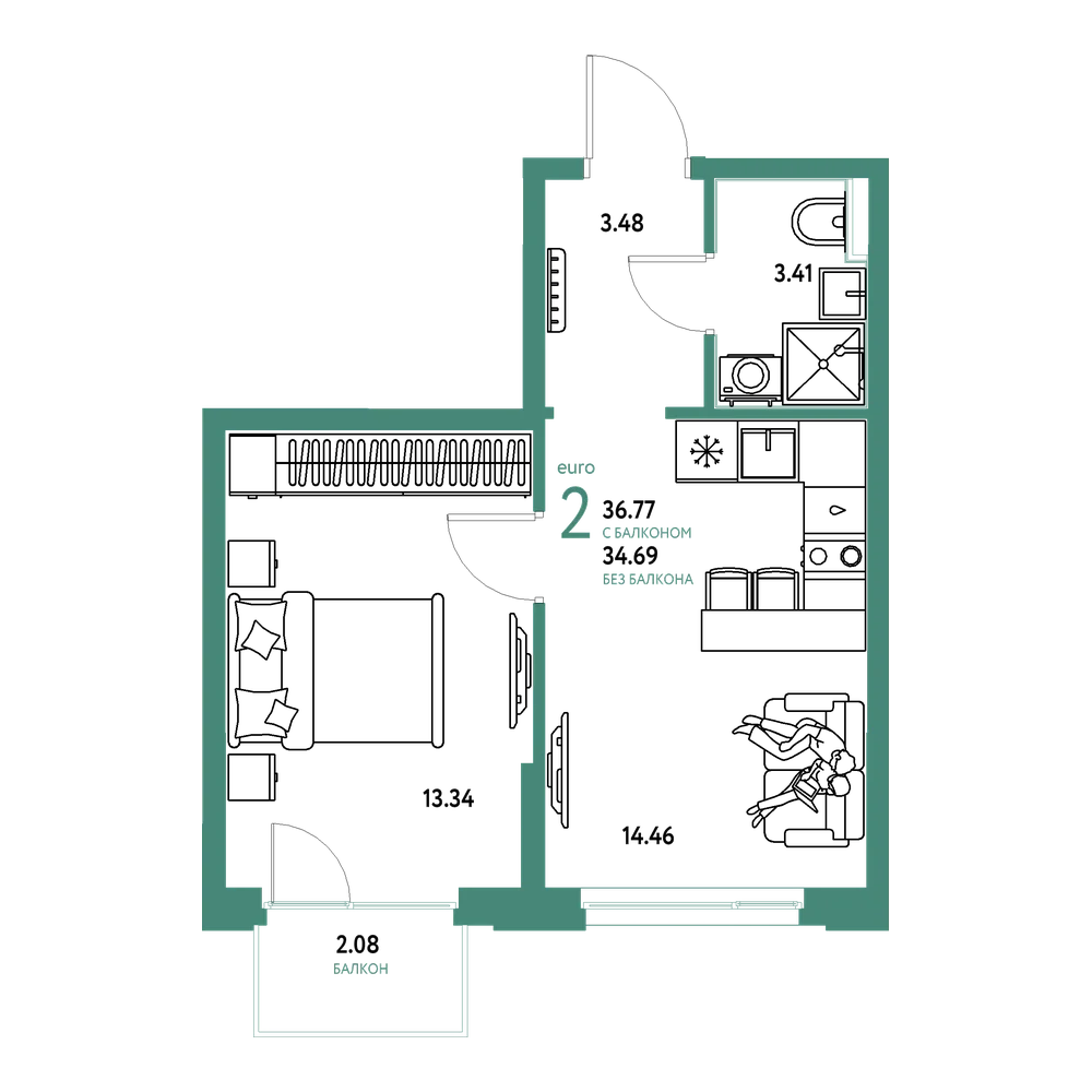Планировка: Евродвушка 36,8 м²