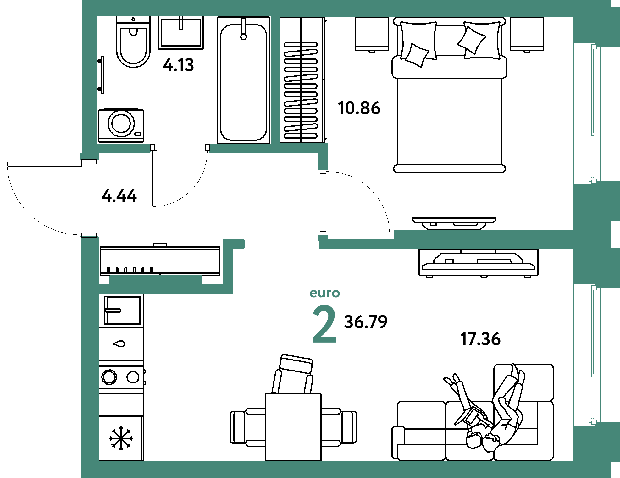 Планировка: Евродвушка 36,79 м² в ЖК «Европейский берег 2.0»