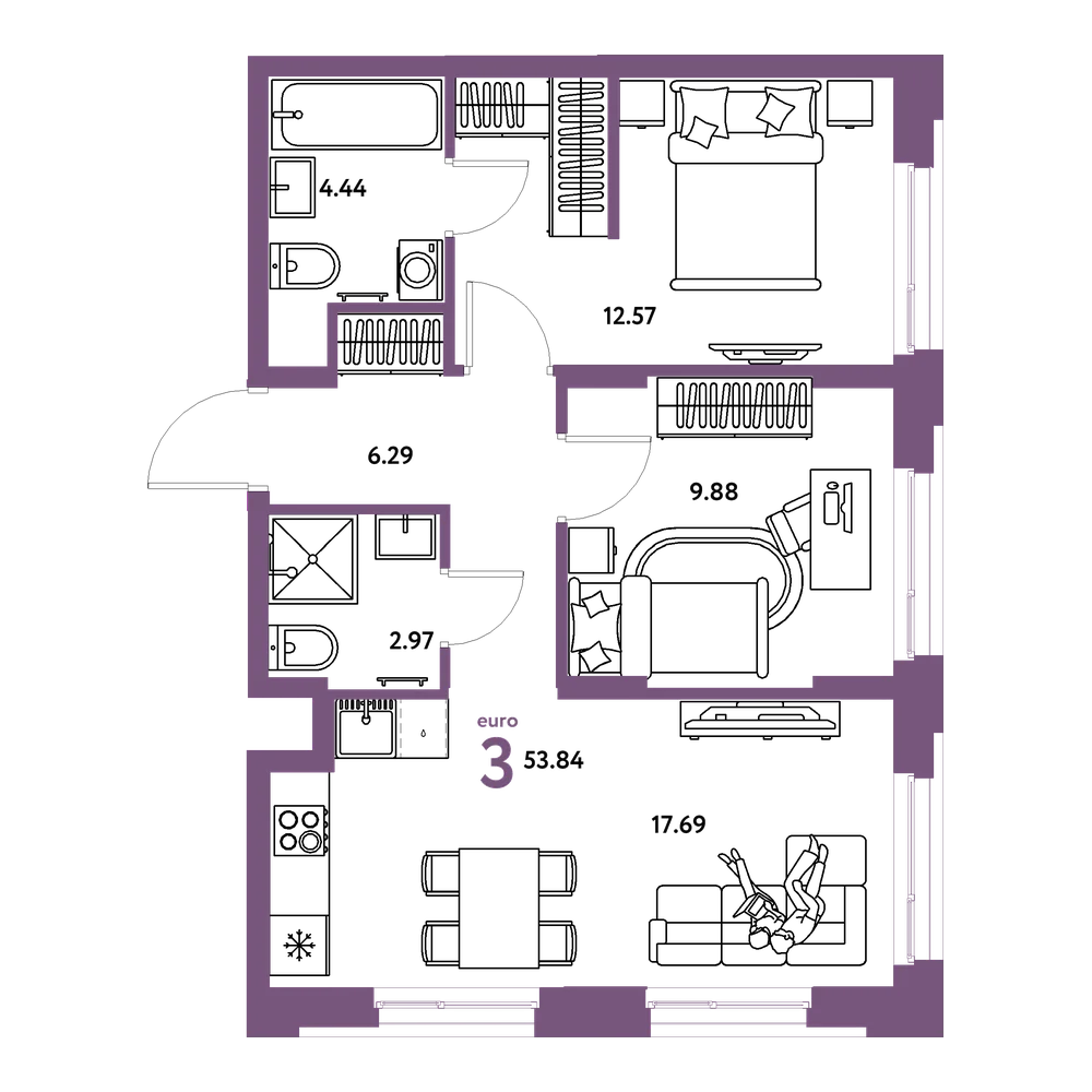 Планировка: Евротрёшка 53,84 м²