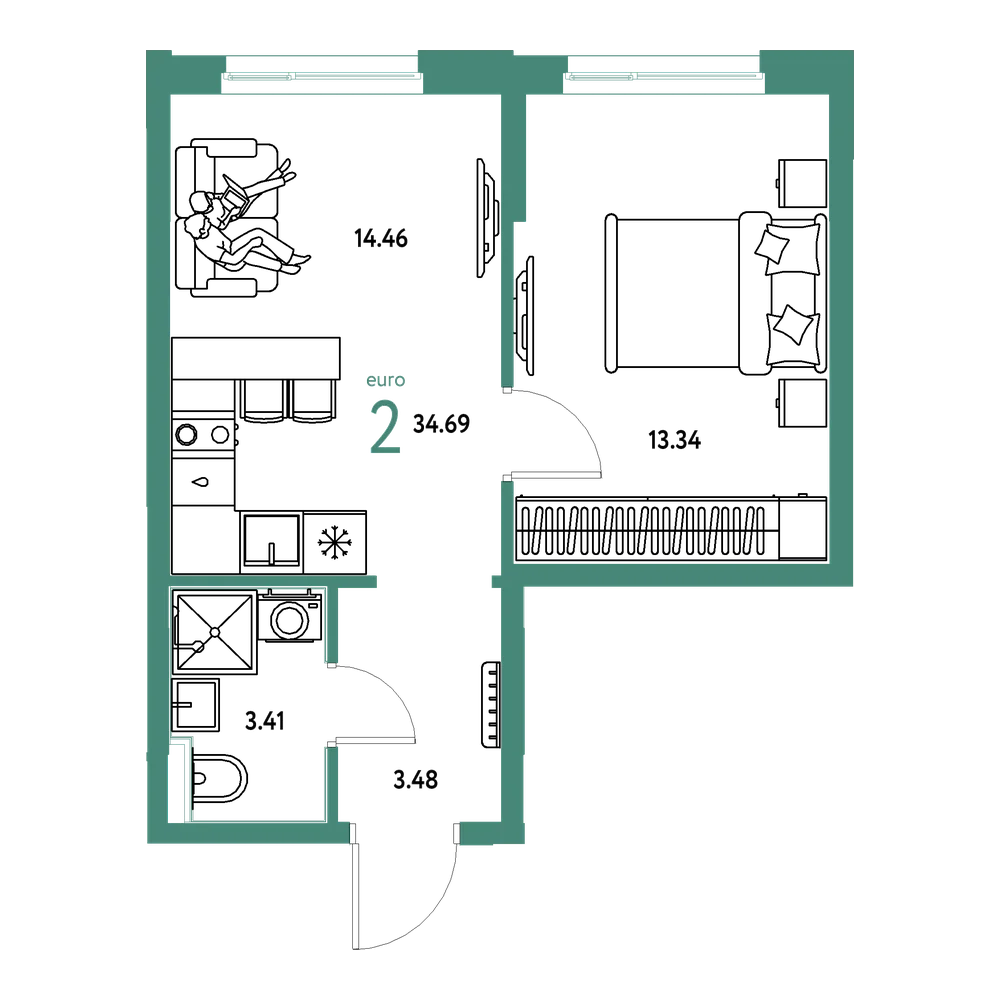 Планировка: Евродвушка 34,69 м²