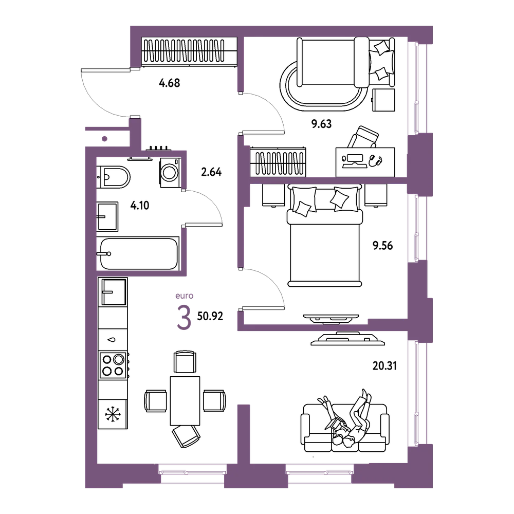 Планировка: Евротрёшка 50,92 м²