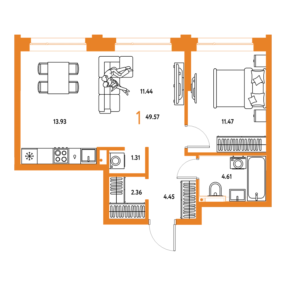 Планировка: 1-комнатная 49,57 м²