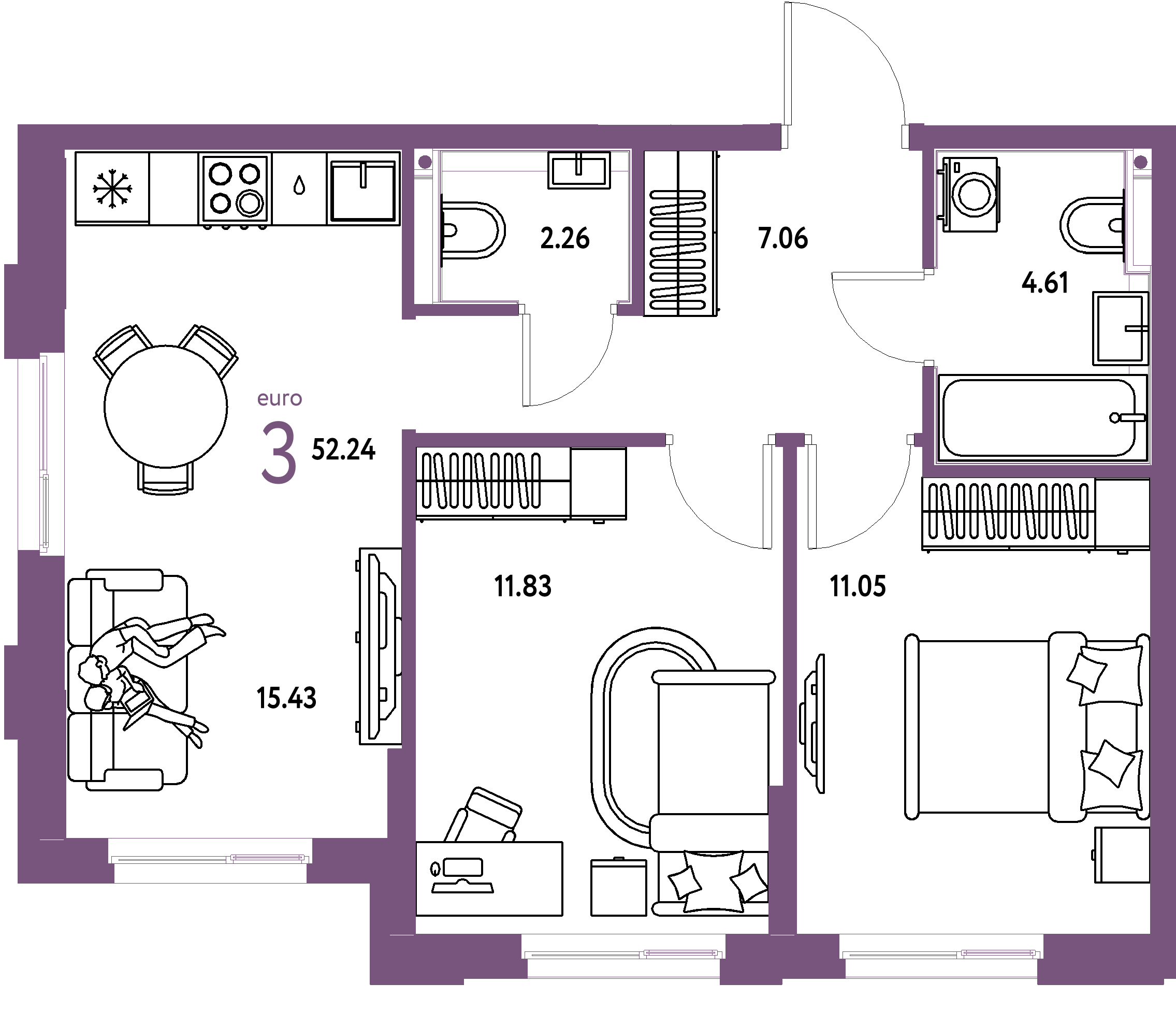 Планировка: Евротрёшка 52,24 м² в ЖК «Домашний»