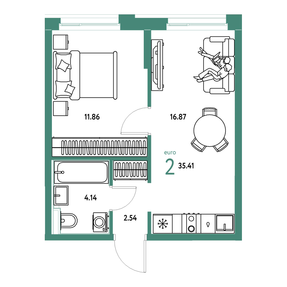 Планировка: Евродвушка 35,41 м²