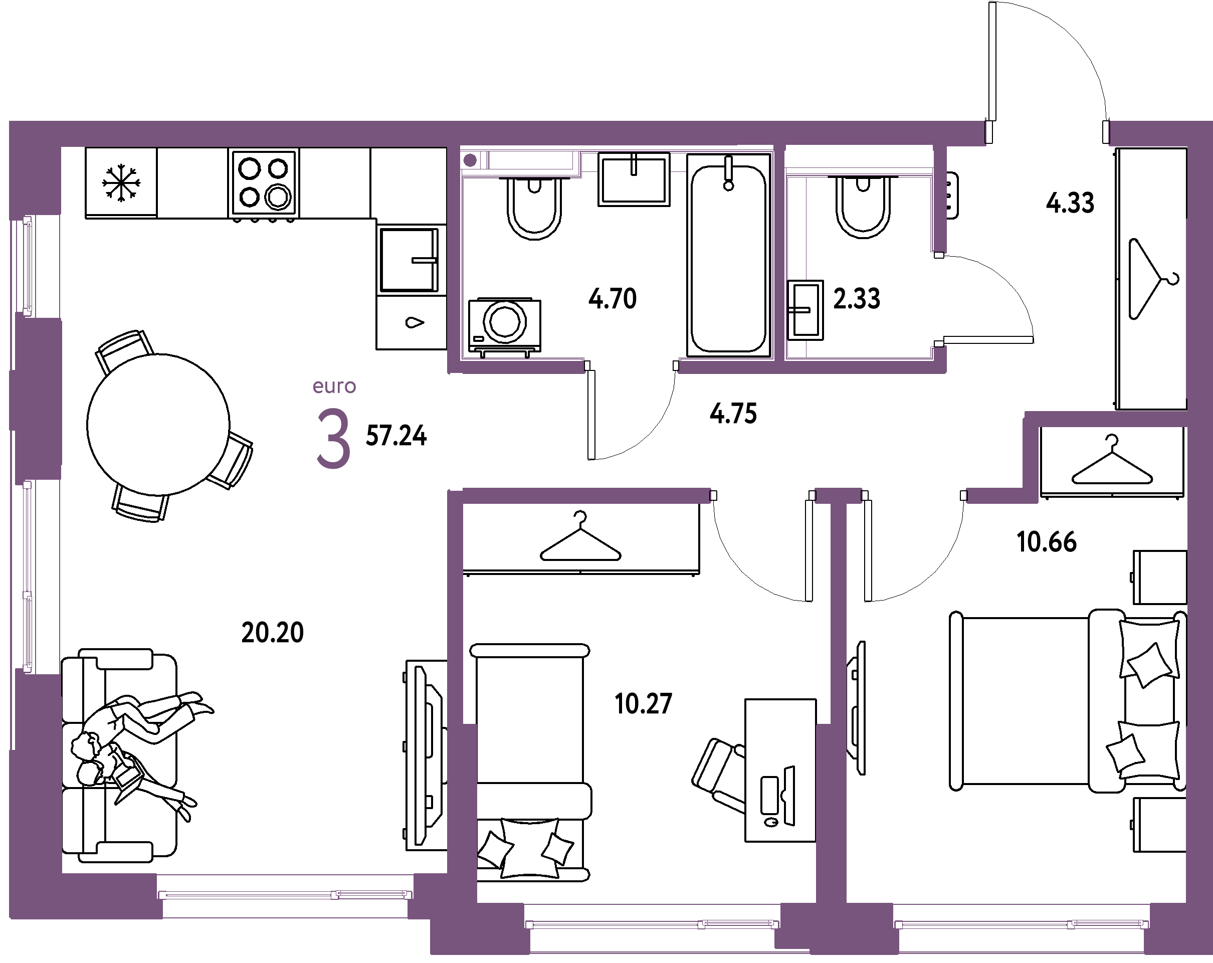 Планировка: Евротрёшка 57,24 м² в ЖК «Страна.Прибрежная»