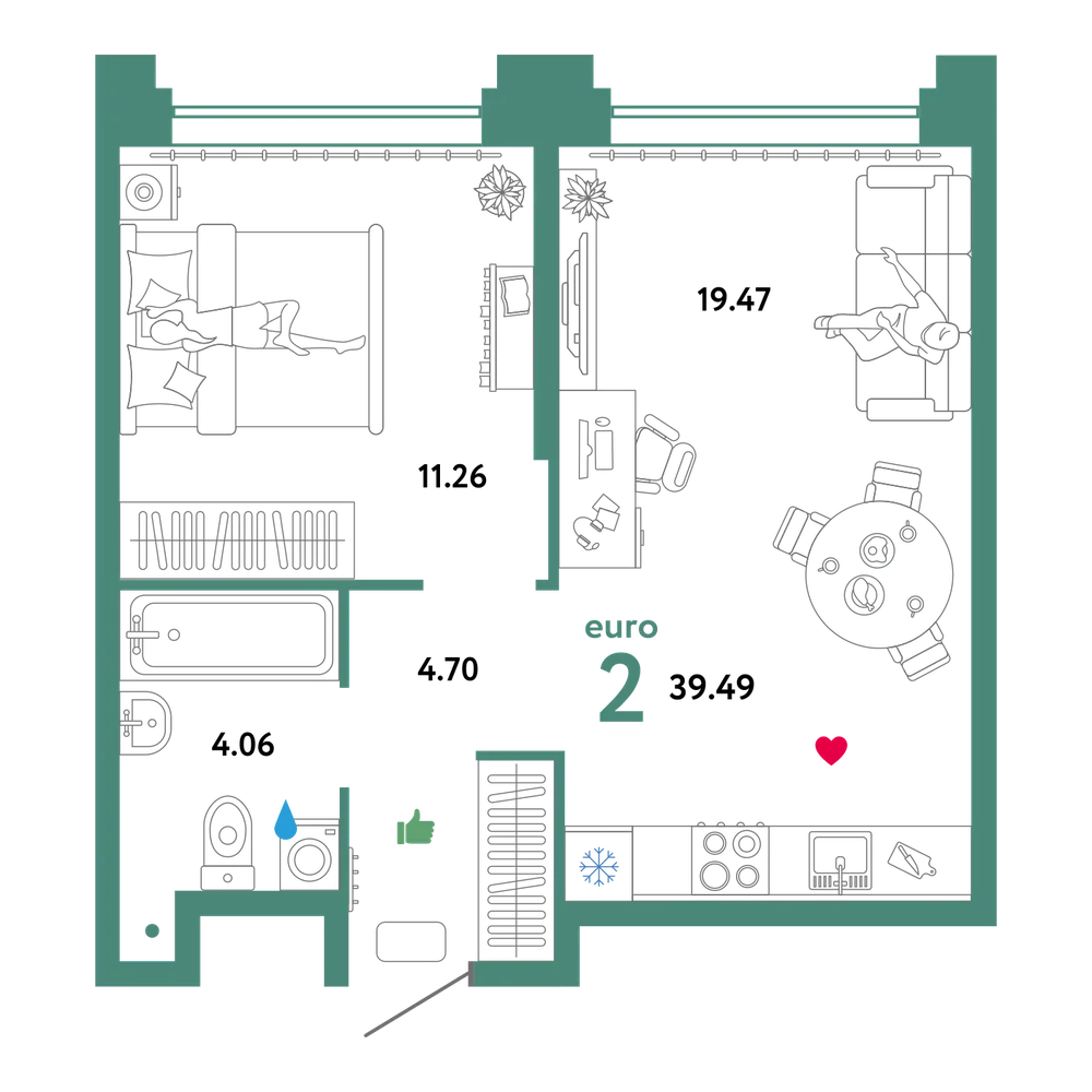 Планировка: Евродвушка 39,49 м²