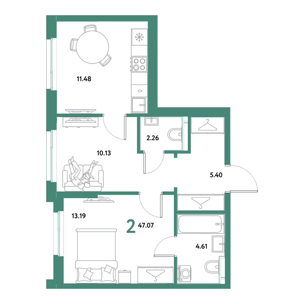 Планировка: 2-комнатная 47,07 м²