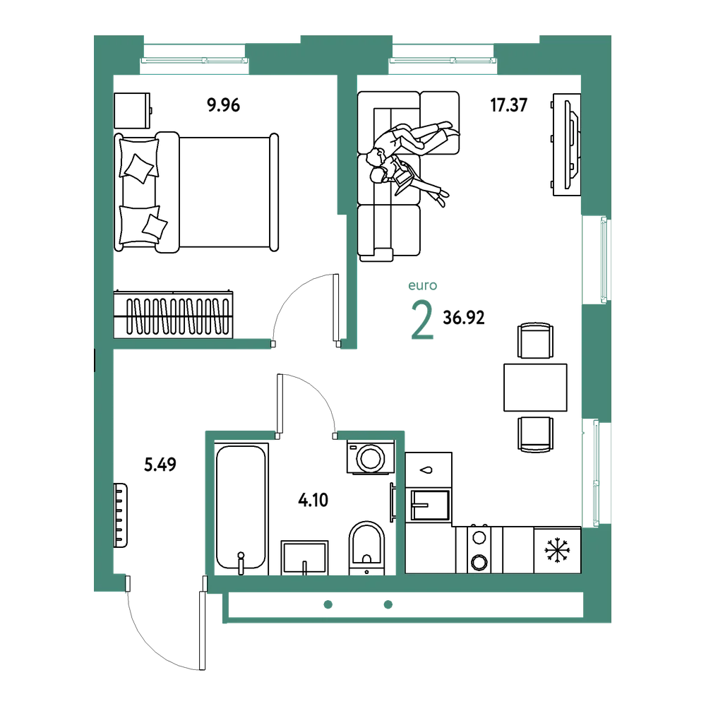 Планировка: Евродвушка 36,92 м²