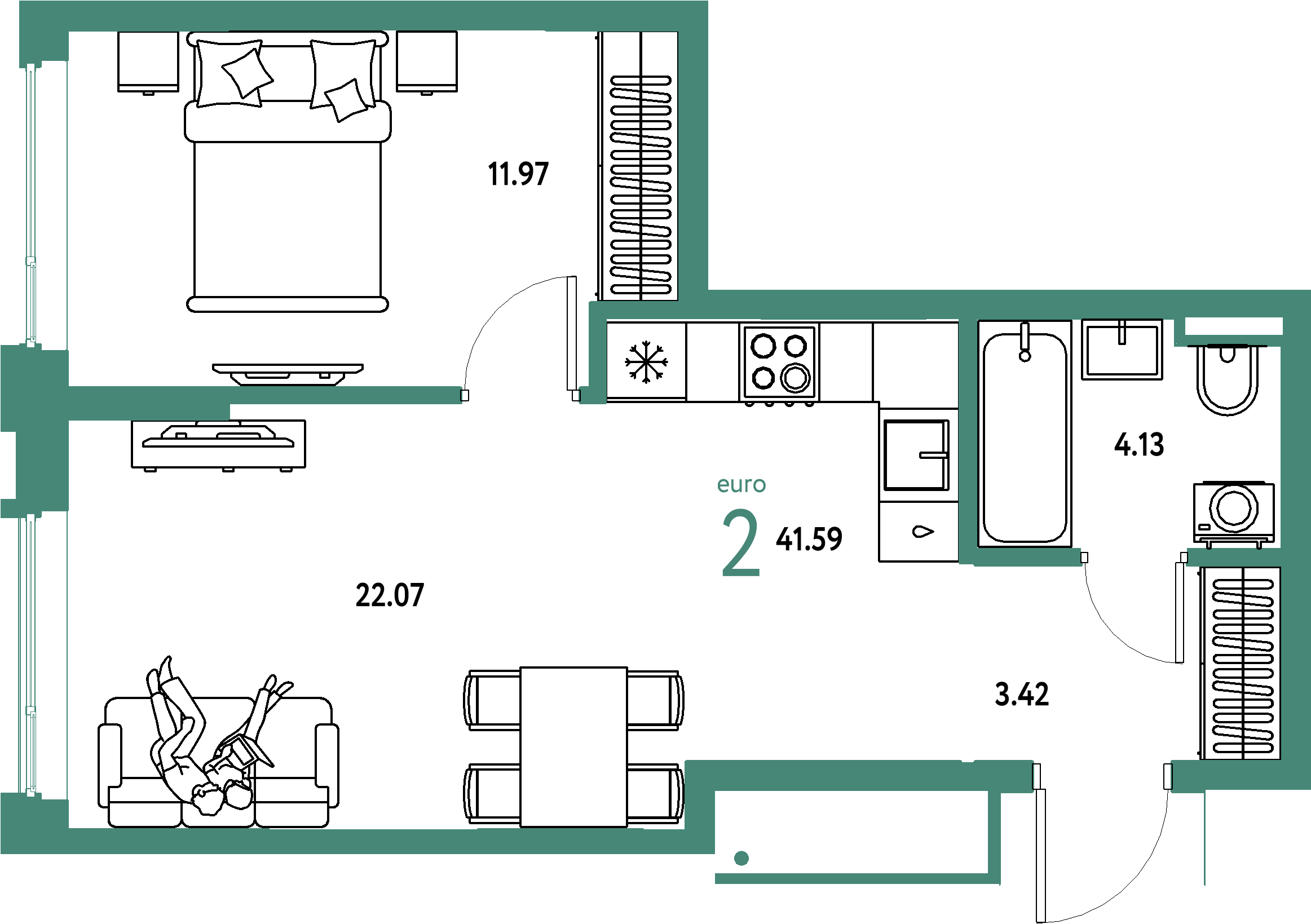 Планировка: Евродвушка 41,59 м² в ЖК «Страна.Прибрежная»