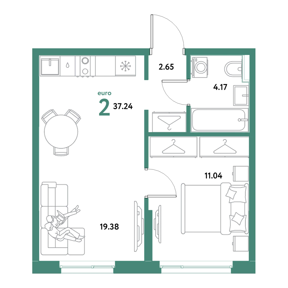 Планировка: Евродвушка 37,24 м²