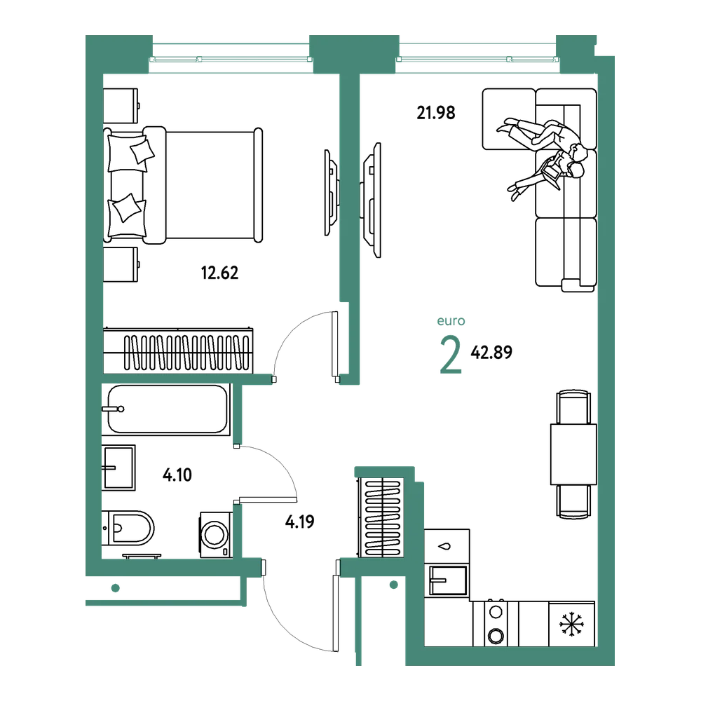 Планировка: Евродвушка 42,89 м²