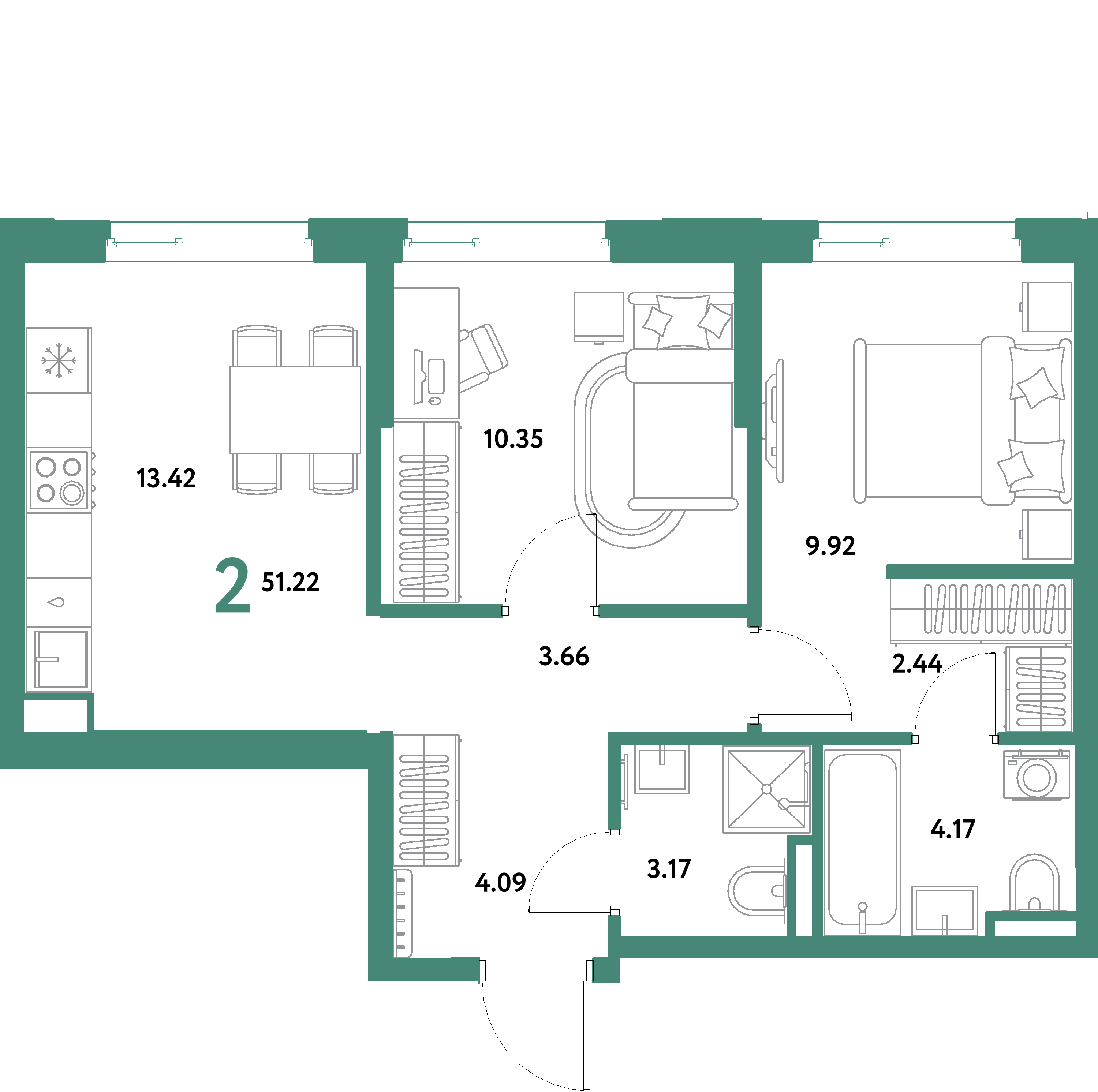 Планировка: 2-комнатная 51,22 м² в ЖК «Остров-сад»