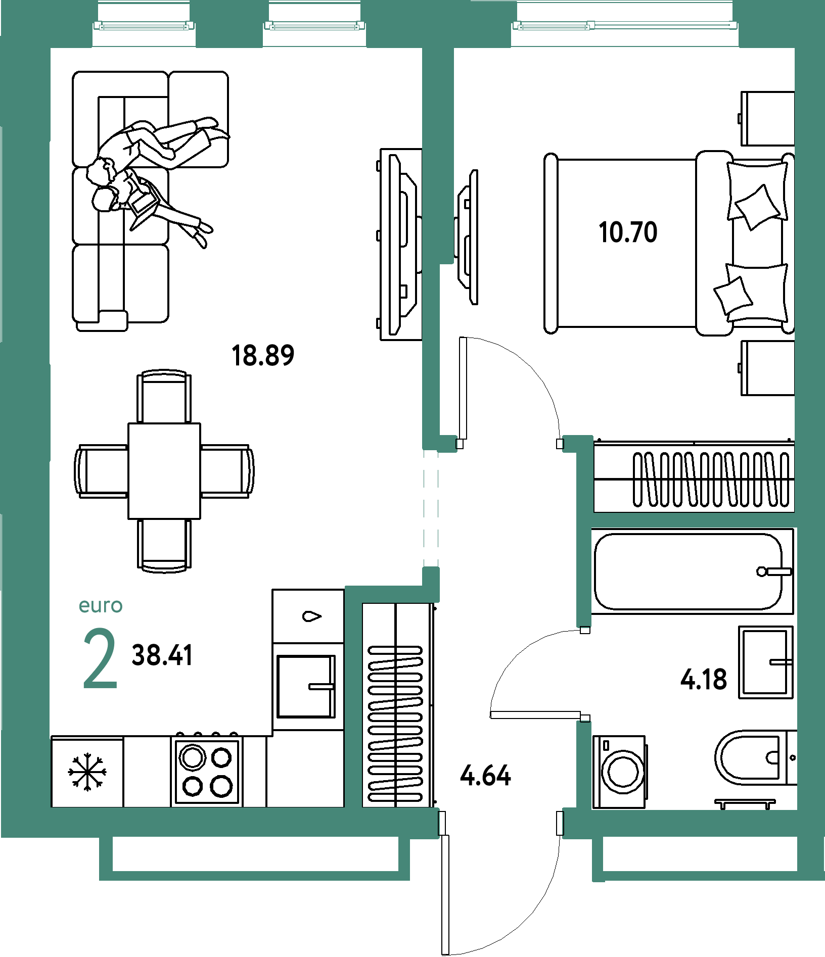 Планировка: Евродвушка 38,41 м² в ЖК «Домашний»