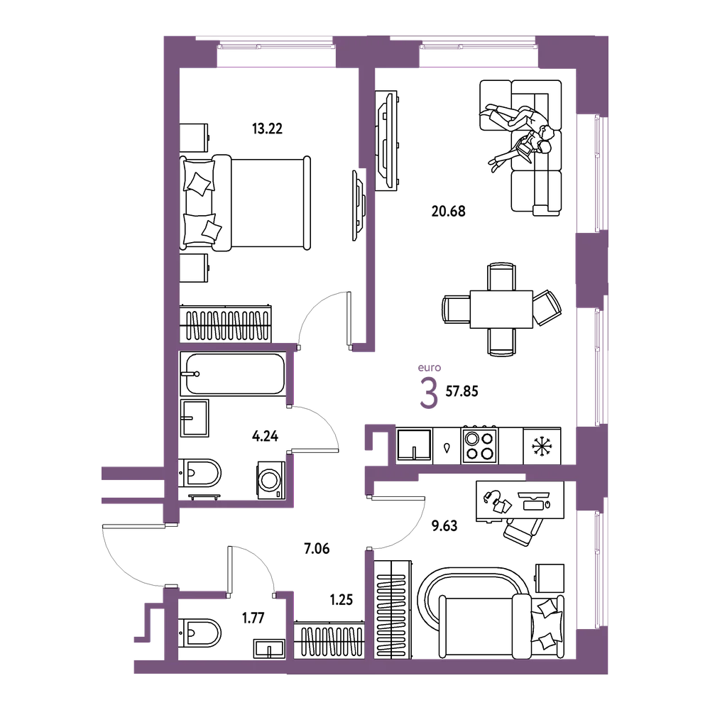 Планировка: Евротрёшка 57,85 м²