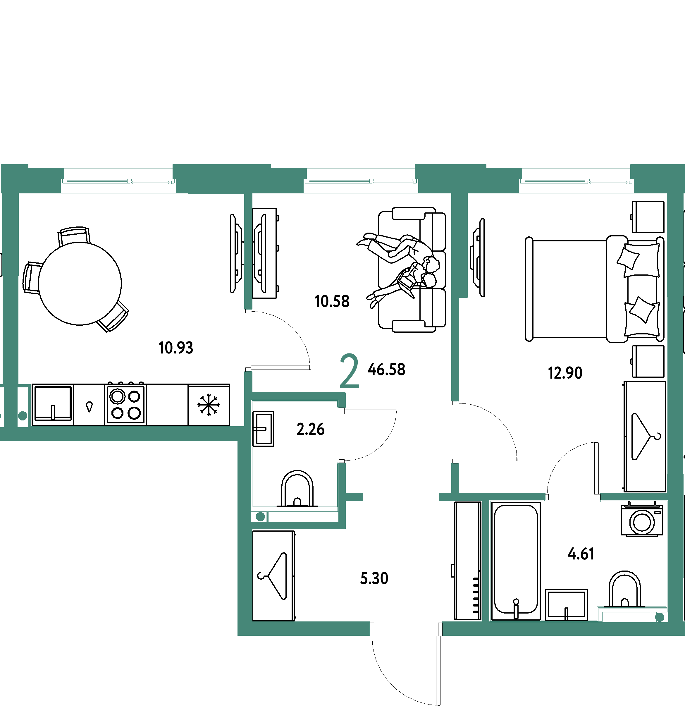 Планировка: 2-комнатная 46,58 м² в ЖК «Европейский берег 2.0»