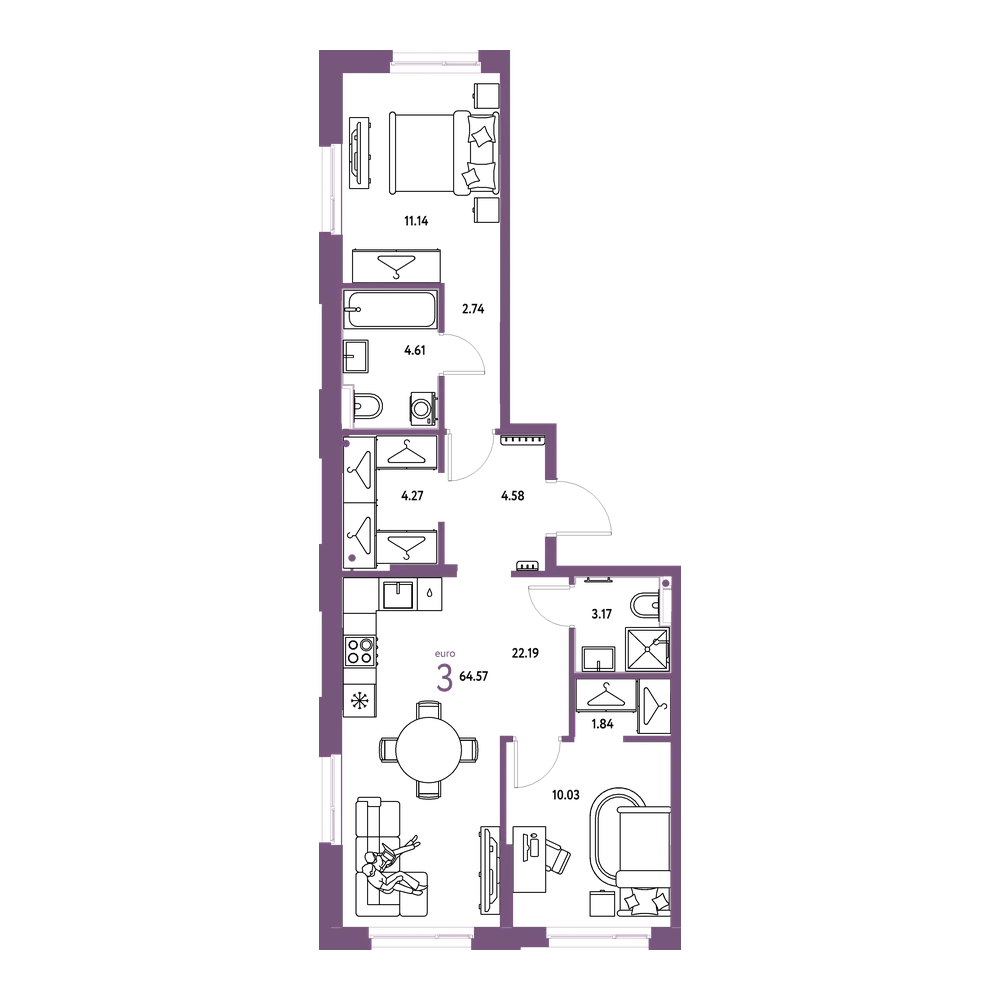 Планировка: Евротрёшка 64,57 м²