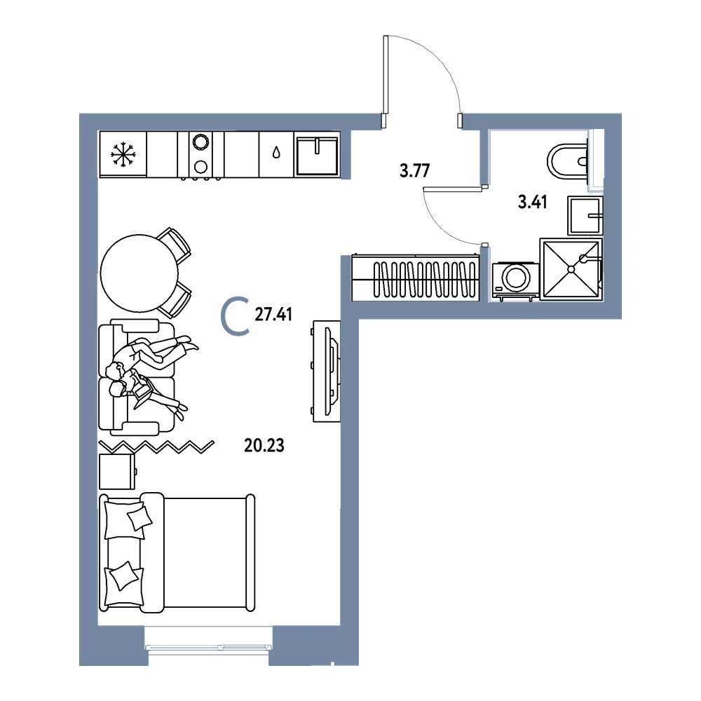 Планировка: Студия 27,41 м²