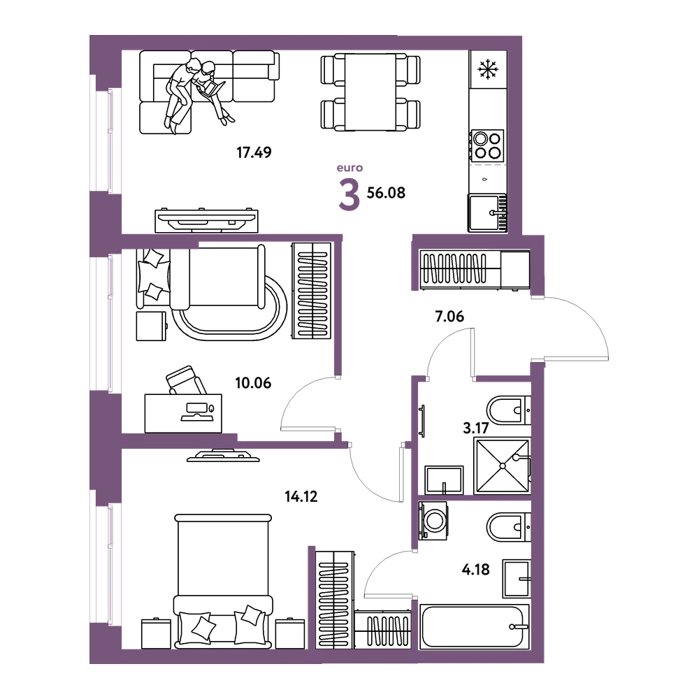 Планировка: Евротрёшка 56,08 м²