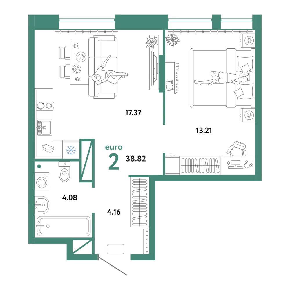 Планировка: Евродвушка 38,82 м²