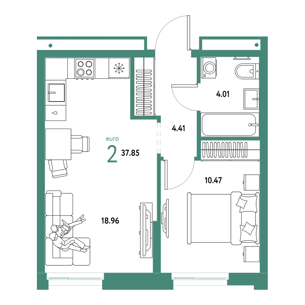 Планировка: Евродвушка 37,85 м²