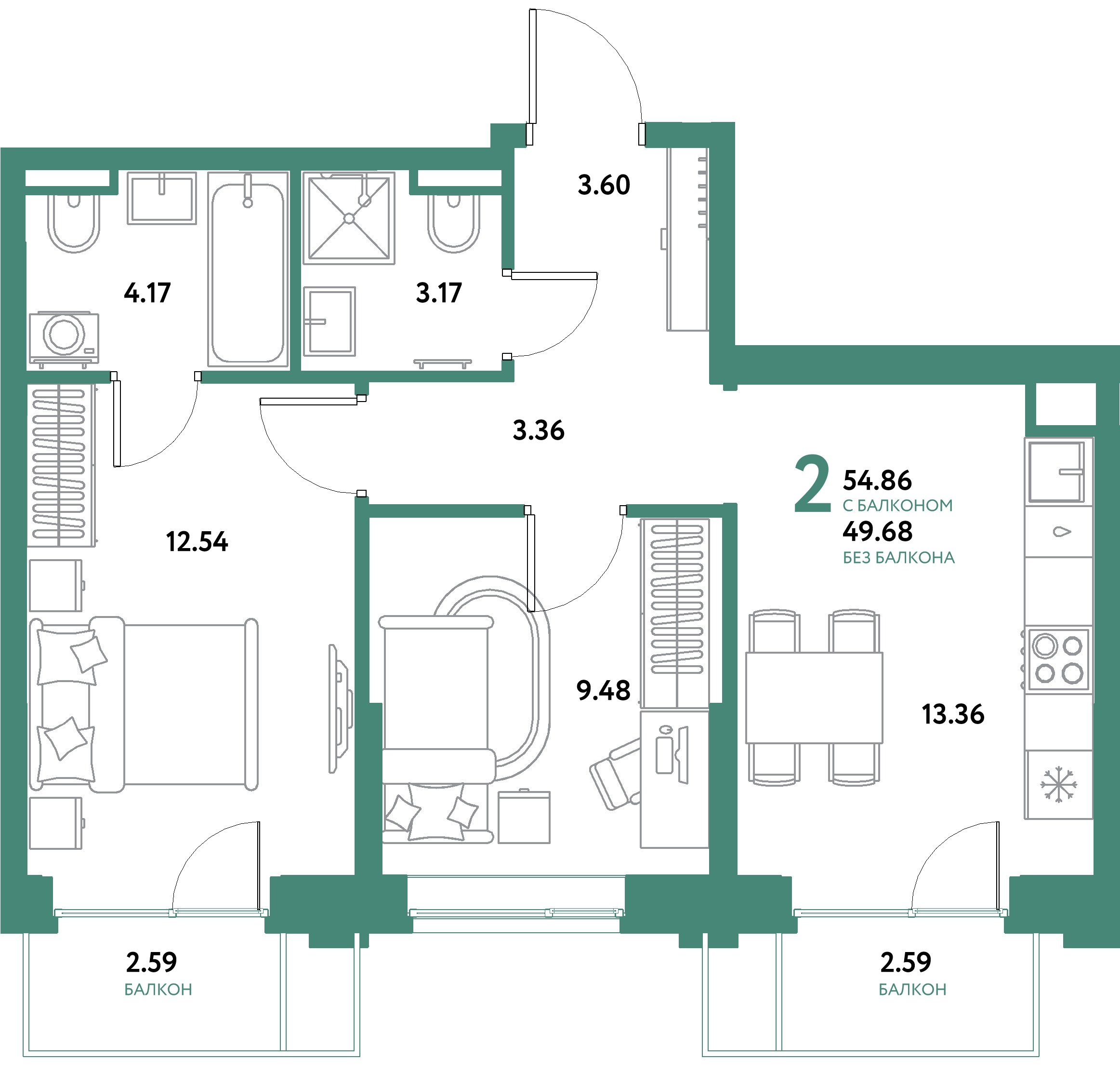 Планировка: 2-комнатная 54,86 м² в ЖК «Остров-сад»