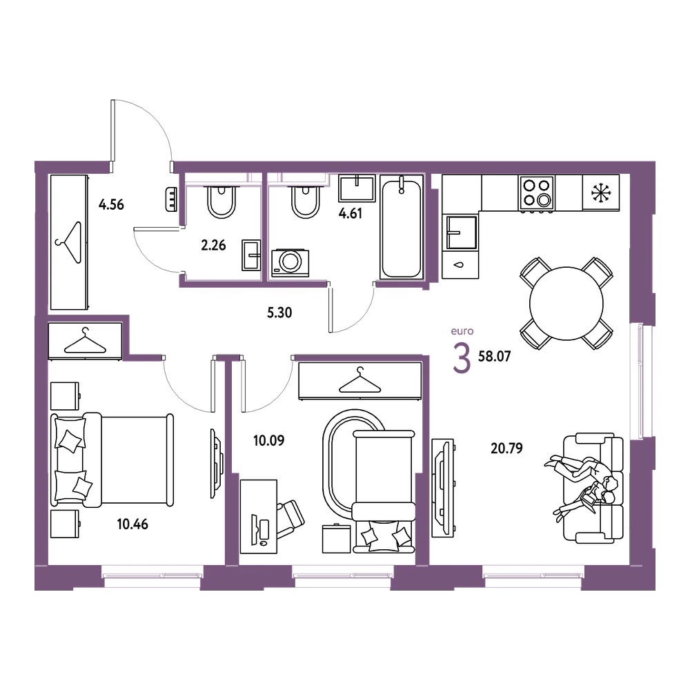 Планировка: Евротрёшка 58,07 м²