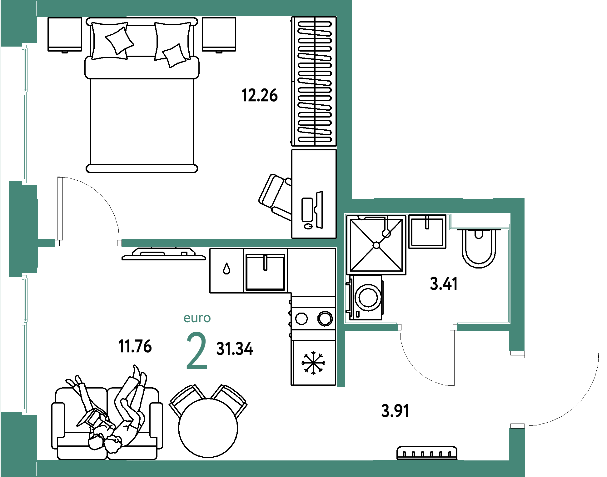 Планировка: Евродвушка 31,34 м² в ЖК «Домашний»