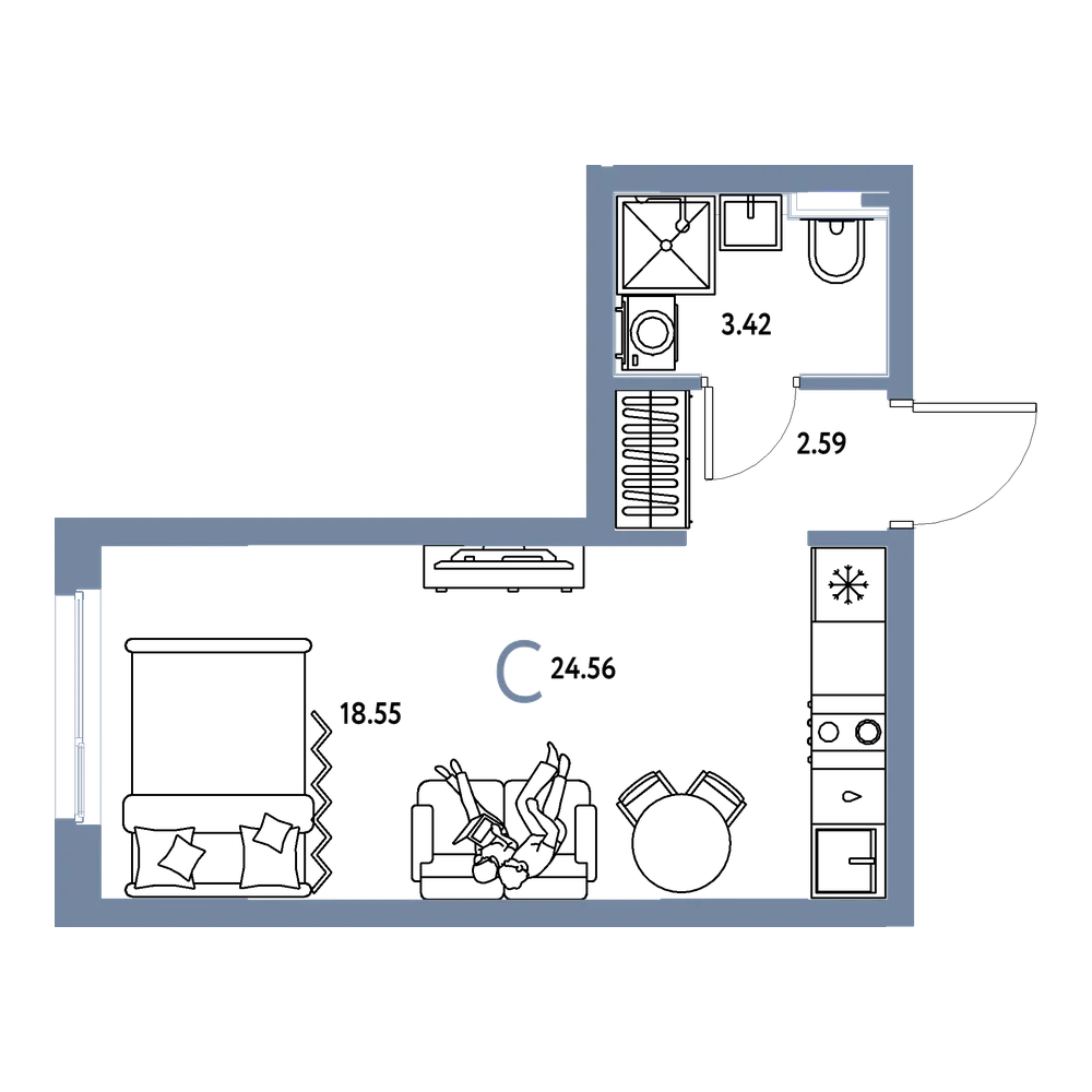 Планировка: Студия 24,56 м²