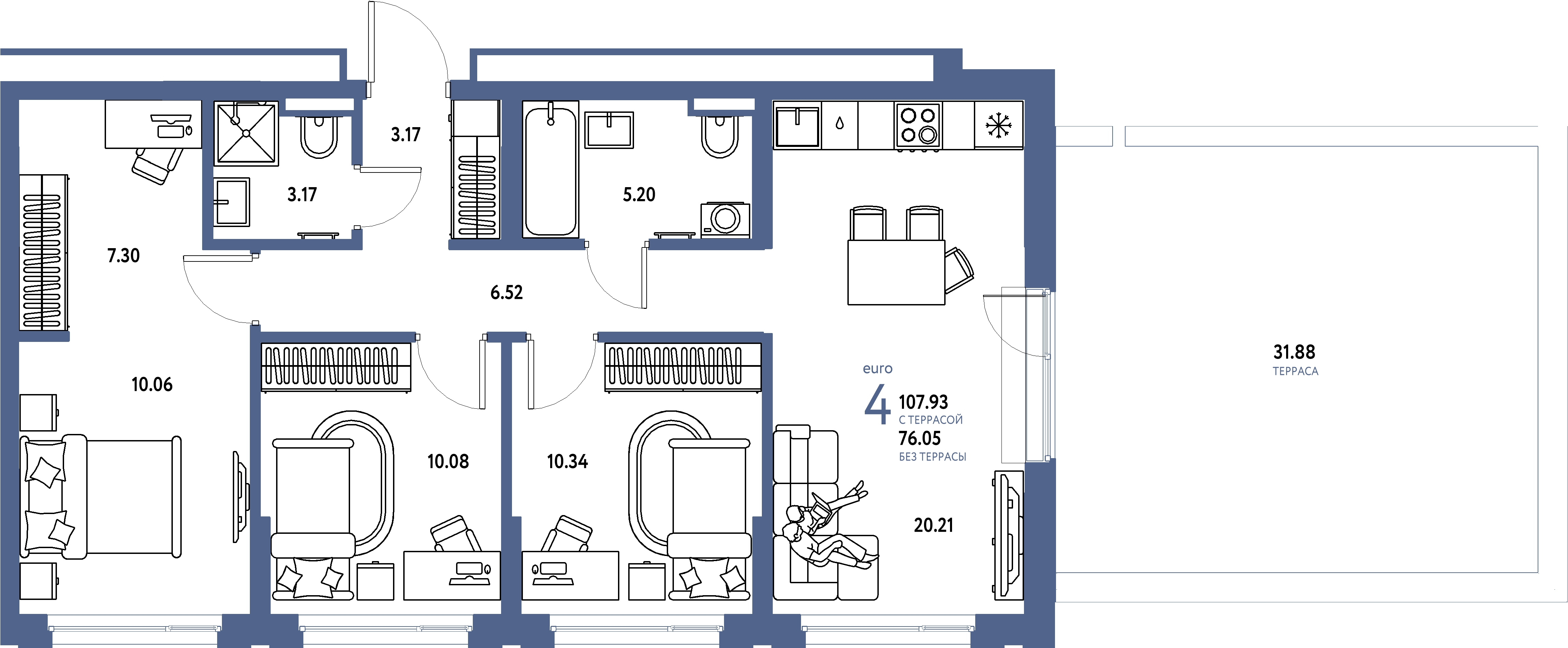 Планировка: Евро-4 107,93 м² в ЖК «Страна.Прибрежная»