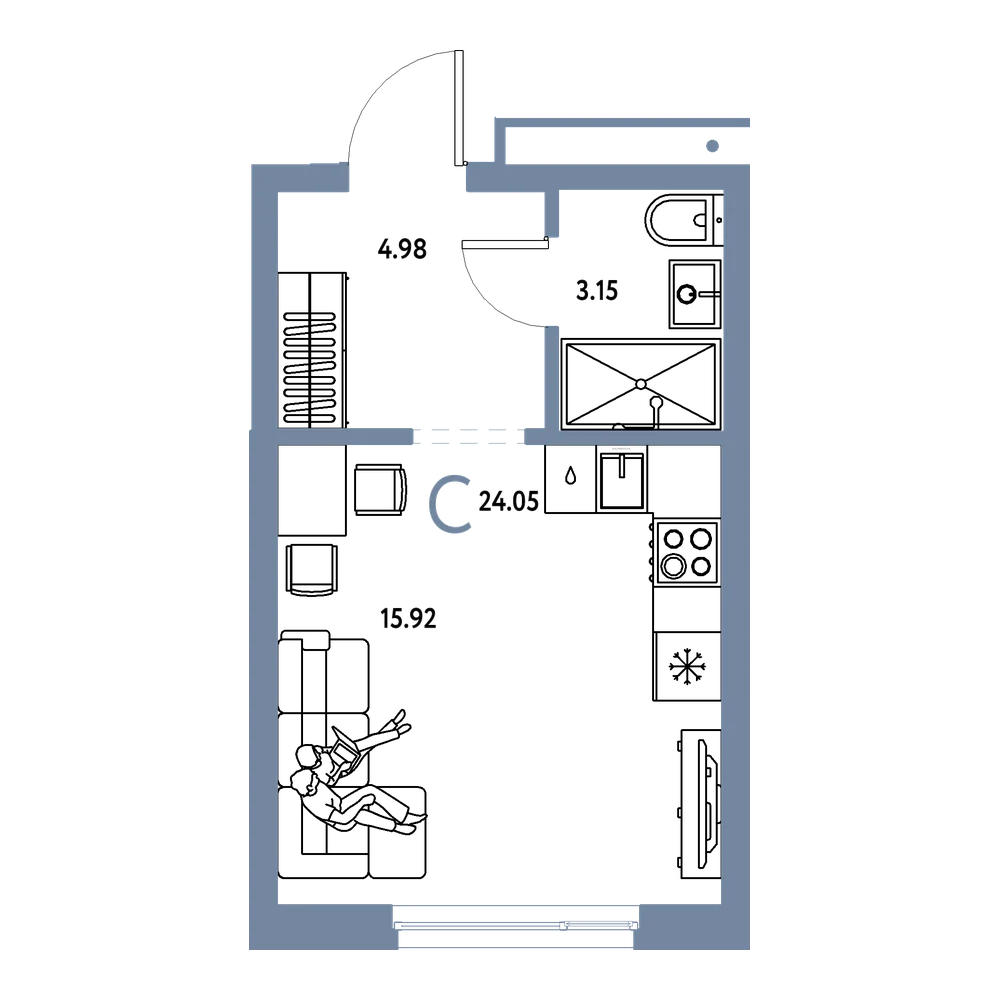 Планировка: Студия 24,05 м²