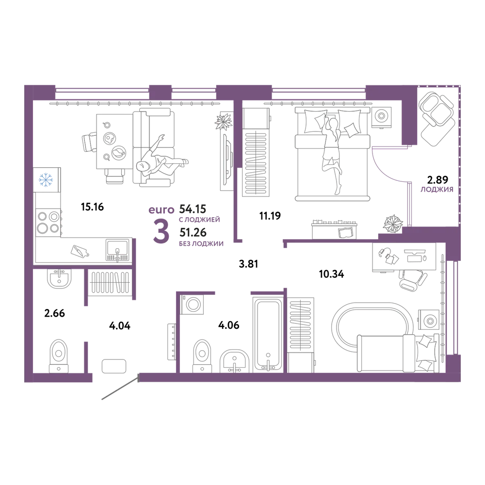 Планировка: Евротрёшка 54,18 м²