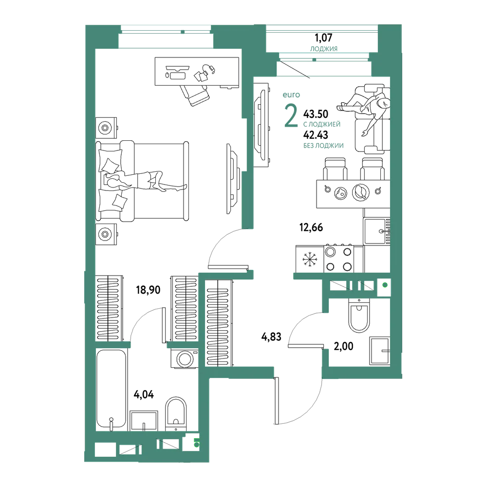 Планировка: Евродвушка 43,5 м²