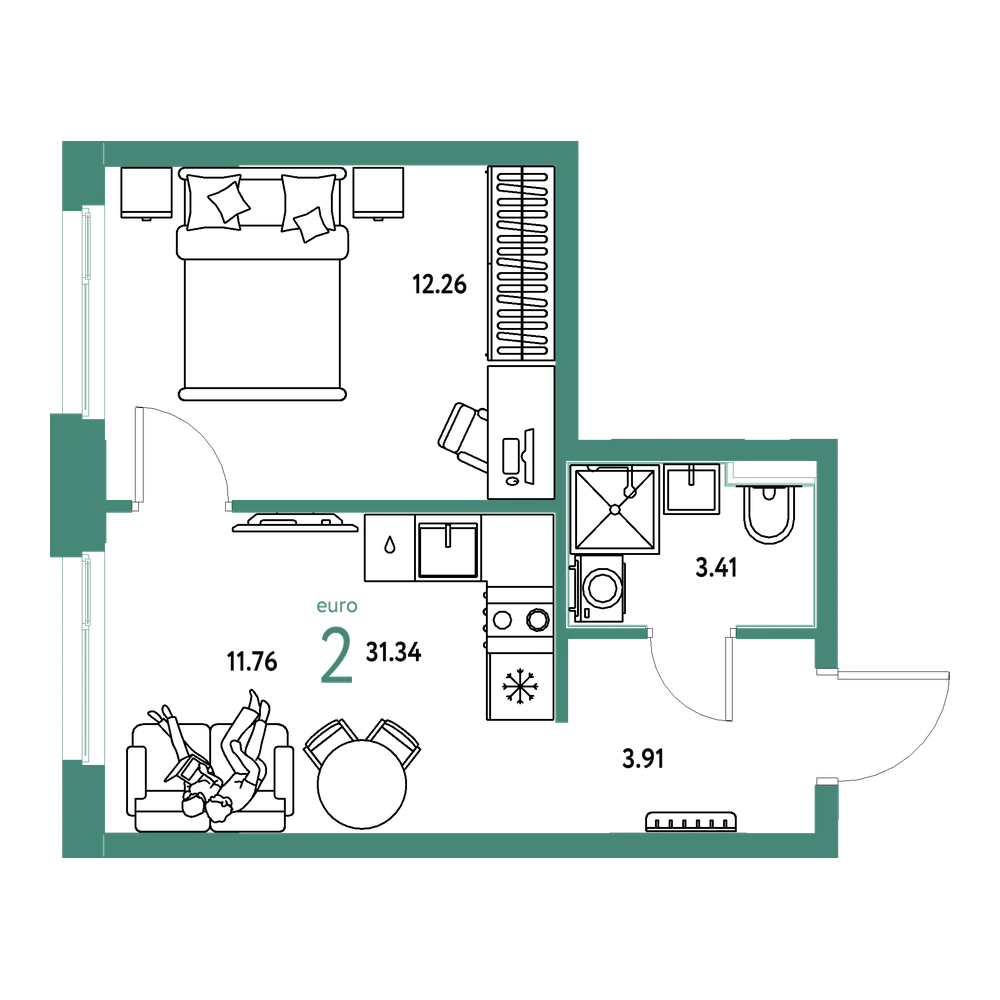 Планировка: Евродвушка 31,34 м²