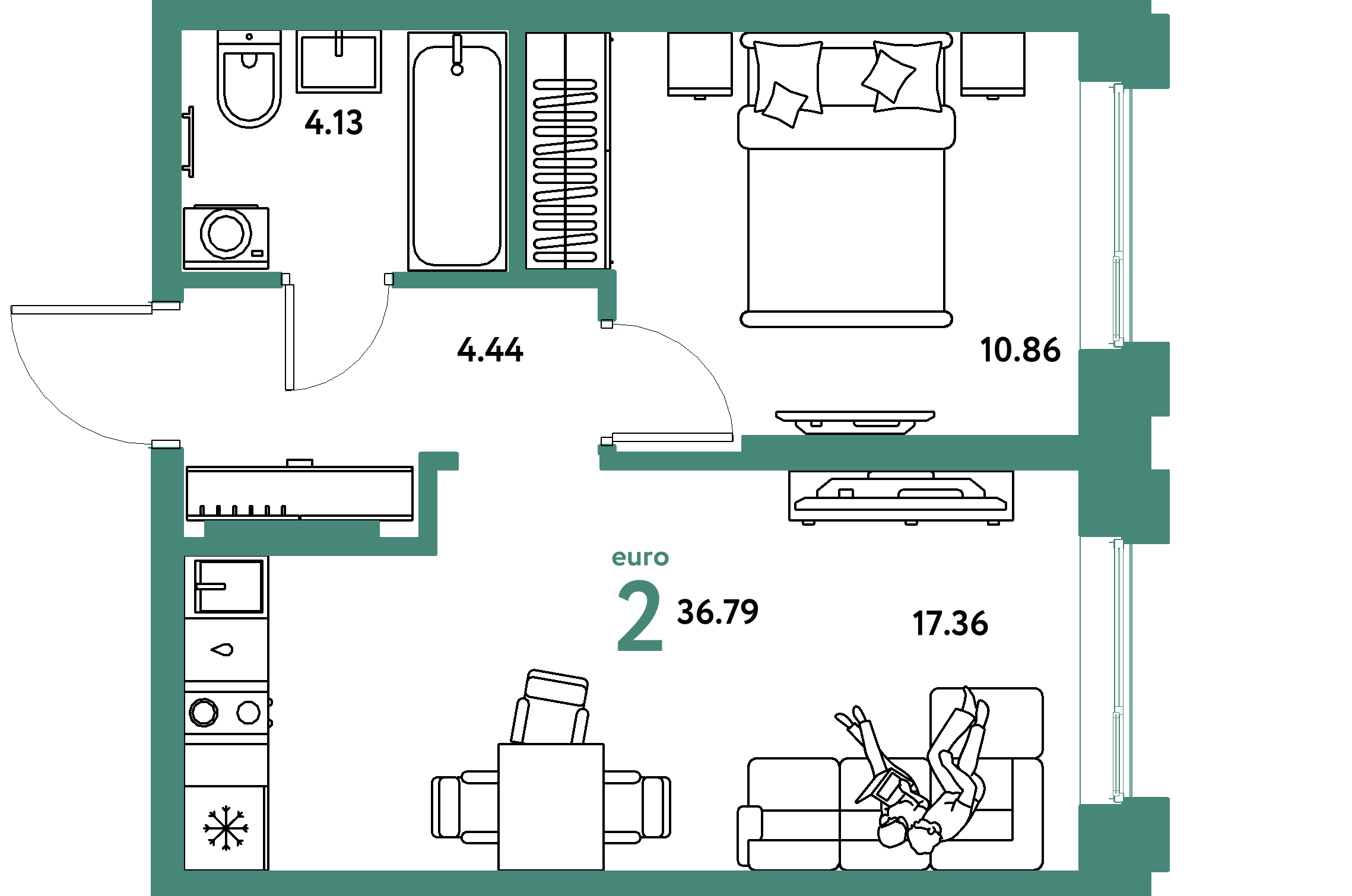 Планировка: Евродвушка 36,79 м² в ЖК «Европейский берег 2.0»