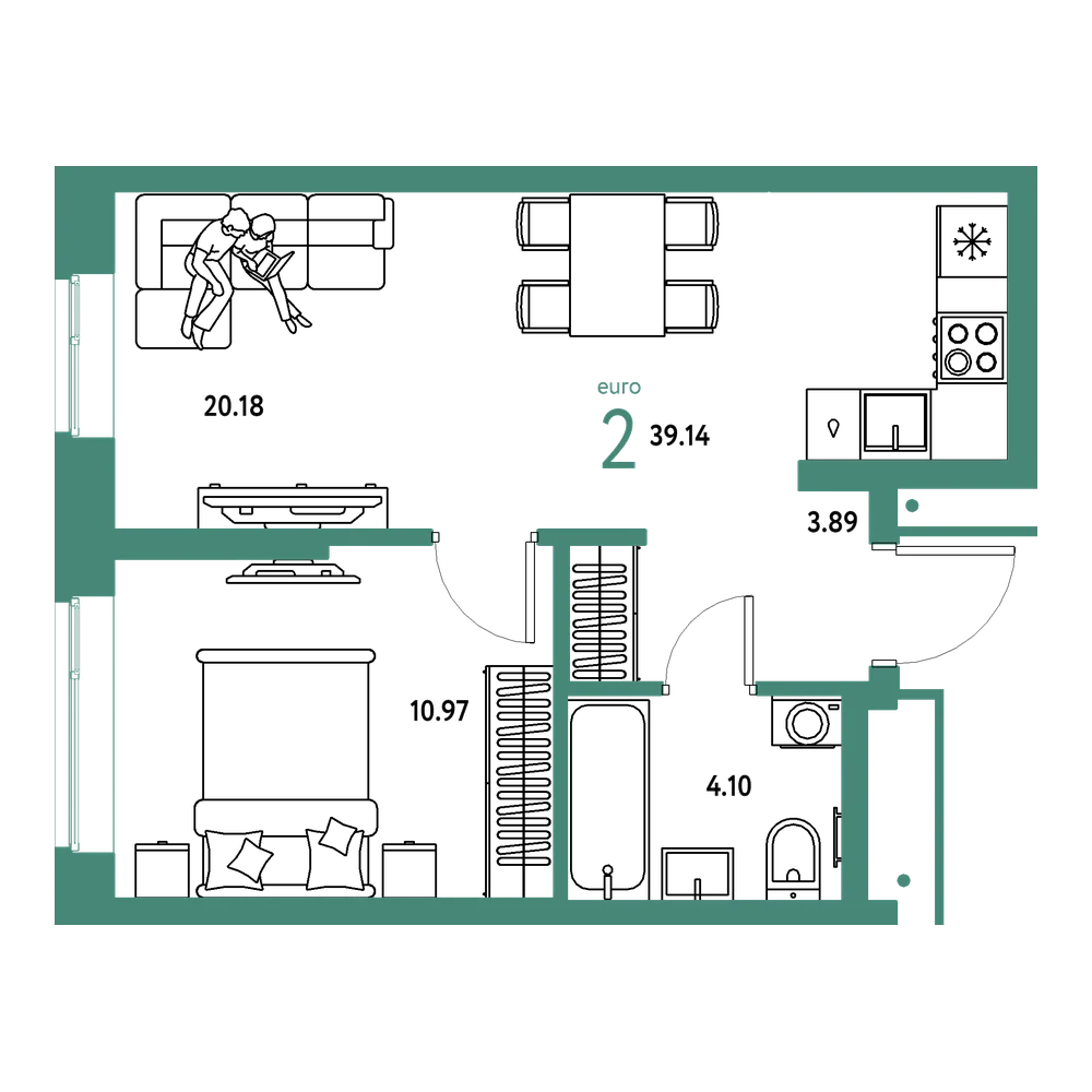 Планировка: Евродвушка 39,14 м²