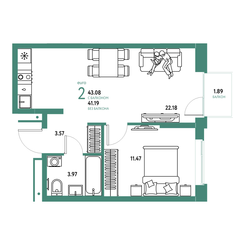 Планировка: Евродвушка 43,08 м²