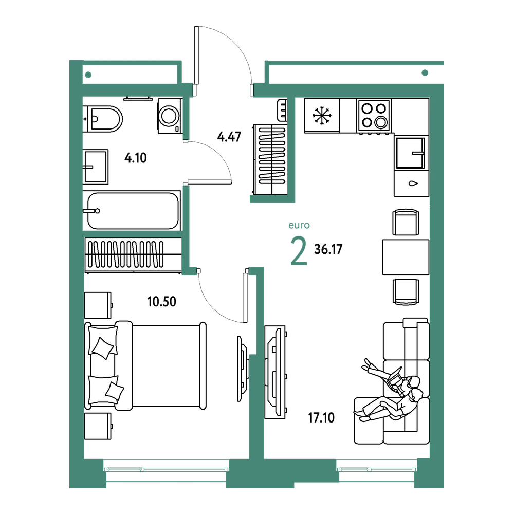Планировка: Евродвушка 36,17 м²