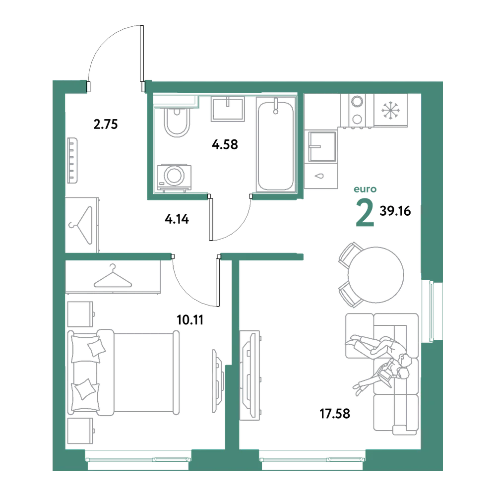 Планировка: Евродвушка 39,16 м²
