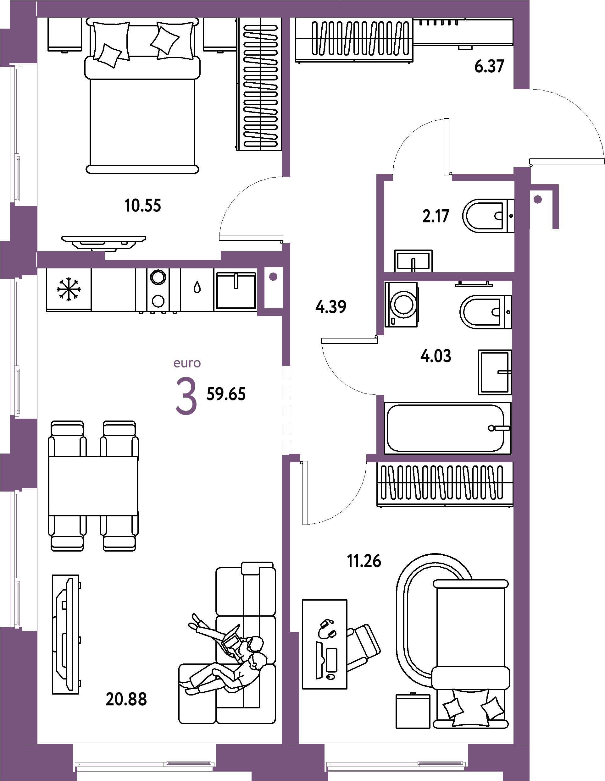 Планировка: Евротрёшка 59,65 м² в ЖК «Домашний»