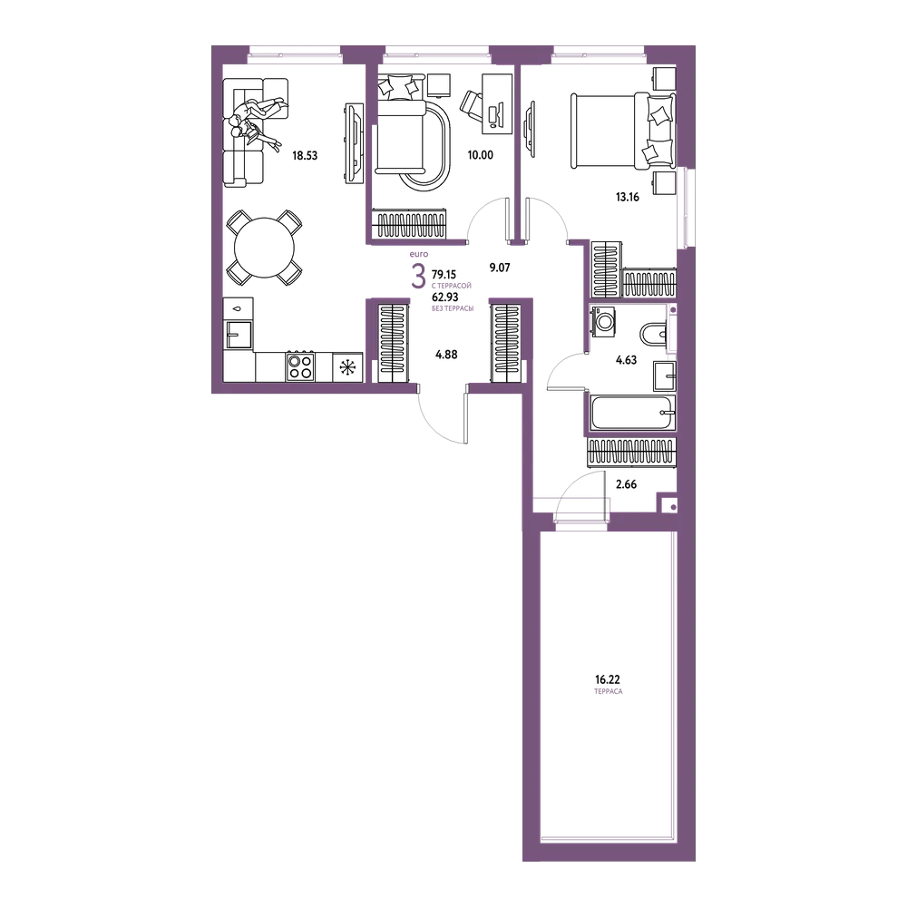 Планировка: Евротрёшка 79,15 м²