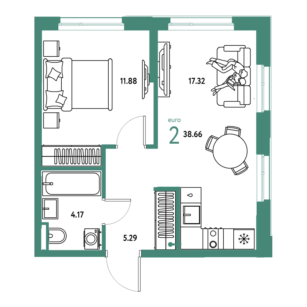 Планировка: Евродвушка 38,66 м²