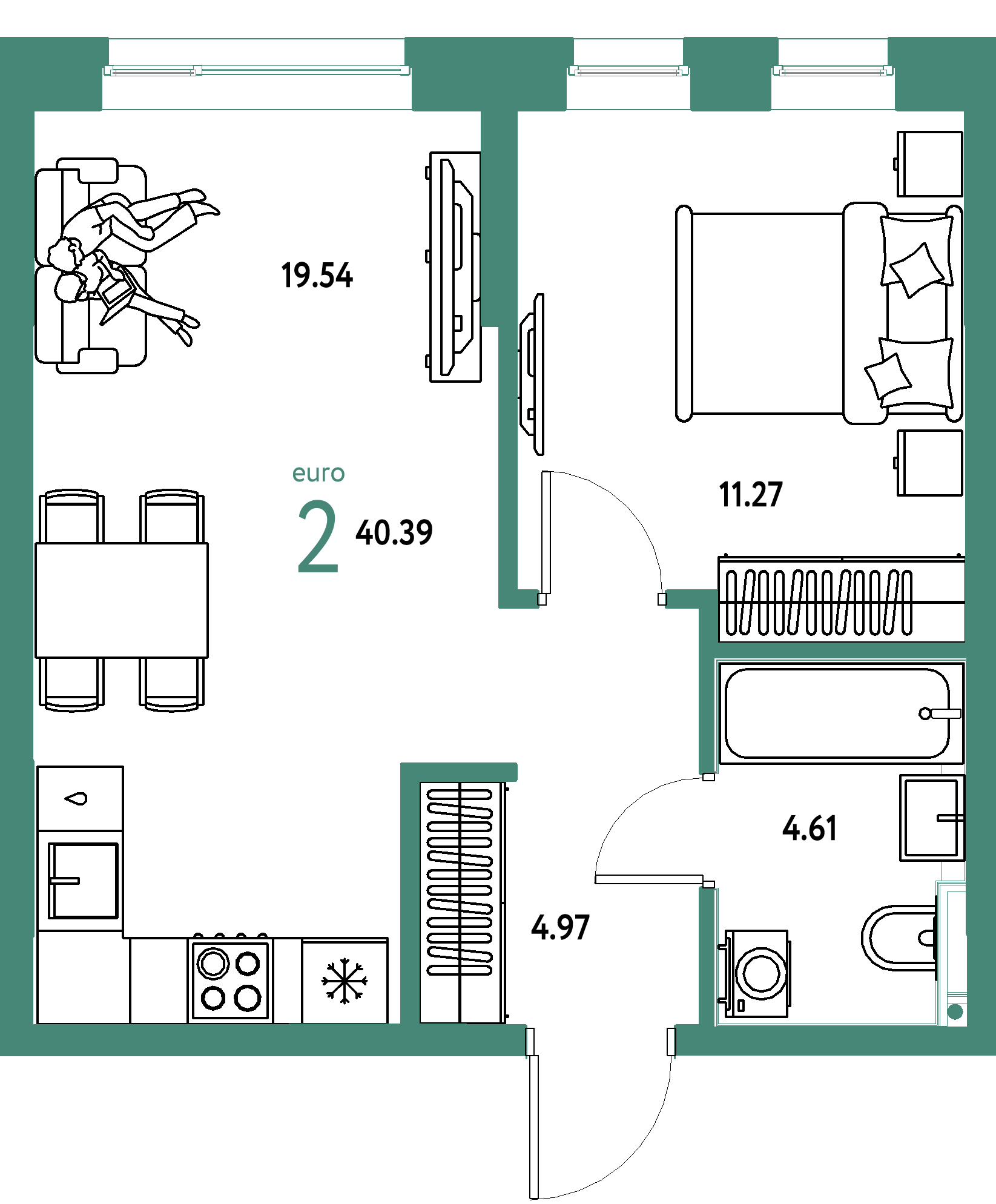 Планировка: Евродвушка 40,39 м² в ЖК «Остров-сад»