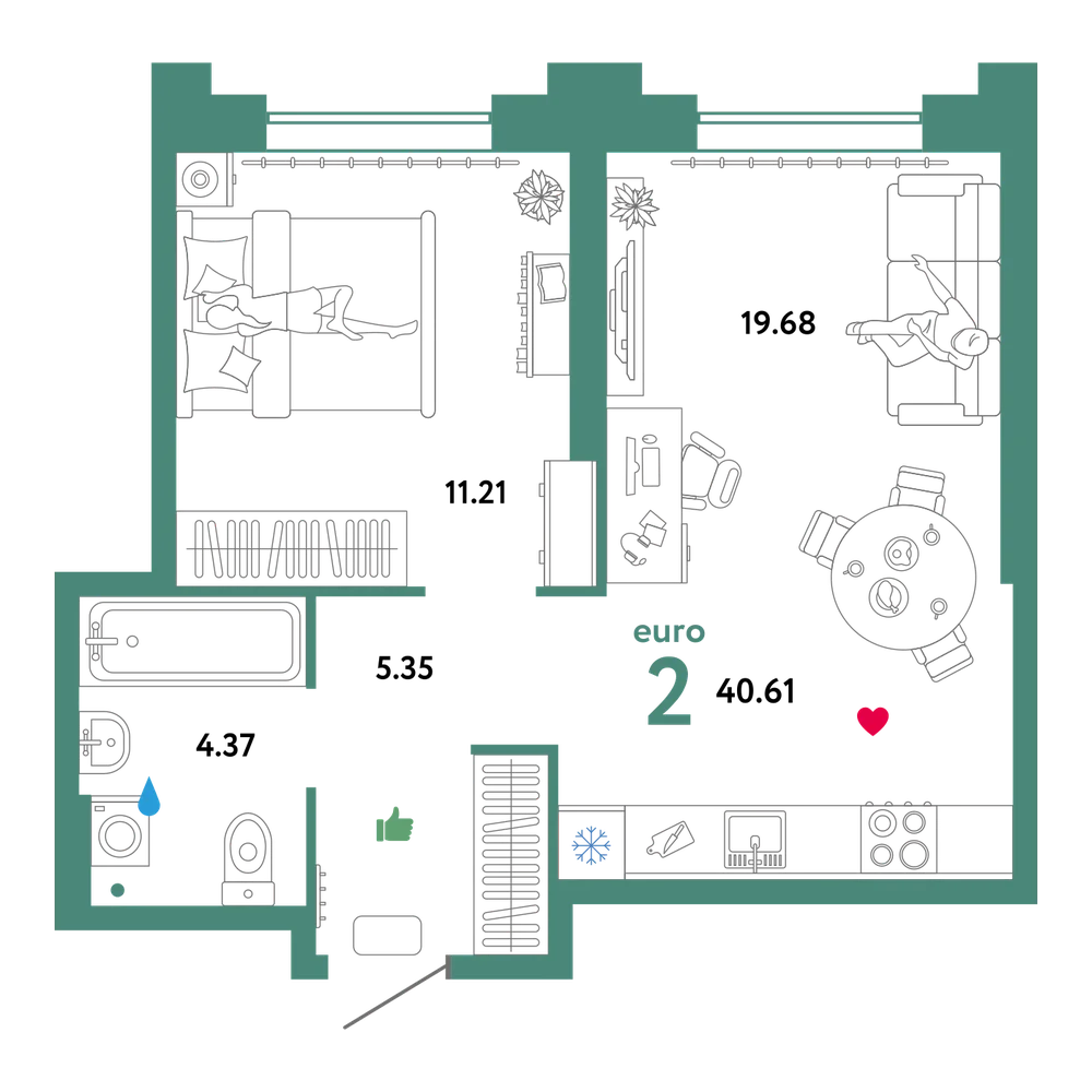 Планировка: Евродвушка 41,3 м²
