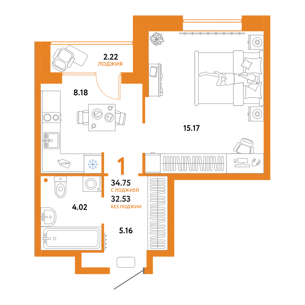Планировка: 1-комнатная 34,75 м²