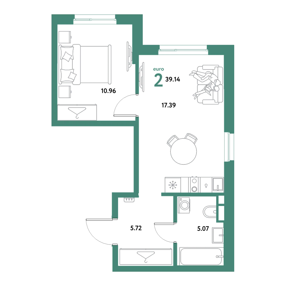 Планировка: Евродвушка 39,14 м²